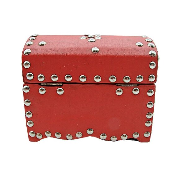 Red Leather Silver Stud Jewelry Trinket Trunk Box 6" Fashion Storage Box No Key - Picture 3 of 12